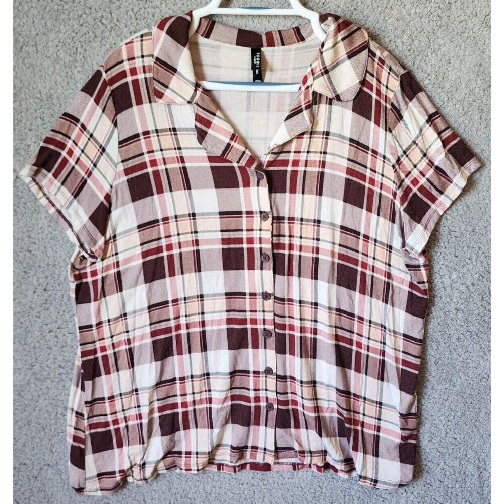 Torrid Sleep Women's Short sleeve Button Up Collared Top Red Plaid Plus Size 1X